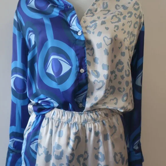 NWT Womens Bululu Magical Blue, White Print Satin Pants M Set - Picture 4 of 10